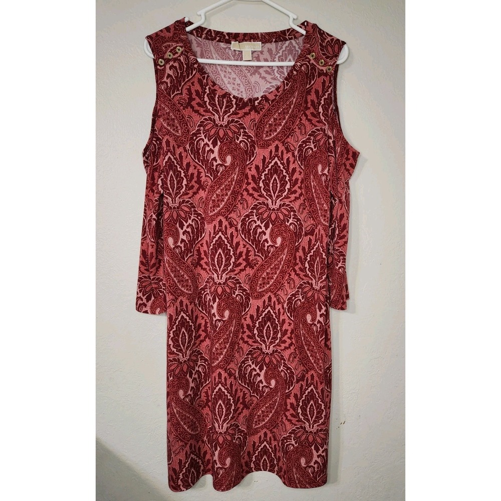 Michael Kors Knee Length Shoulder Cut-Out 3/4 Sleeve Red With Pattern L
